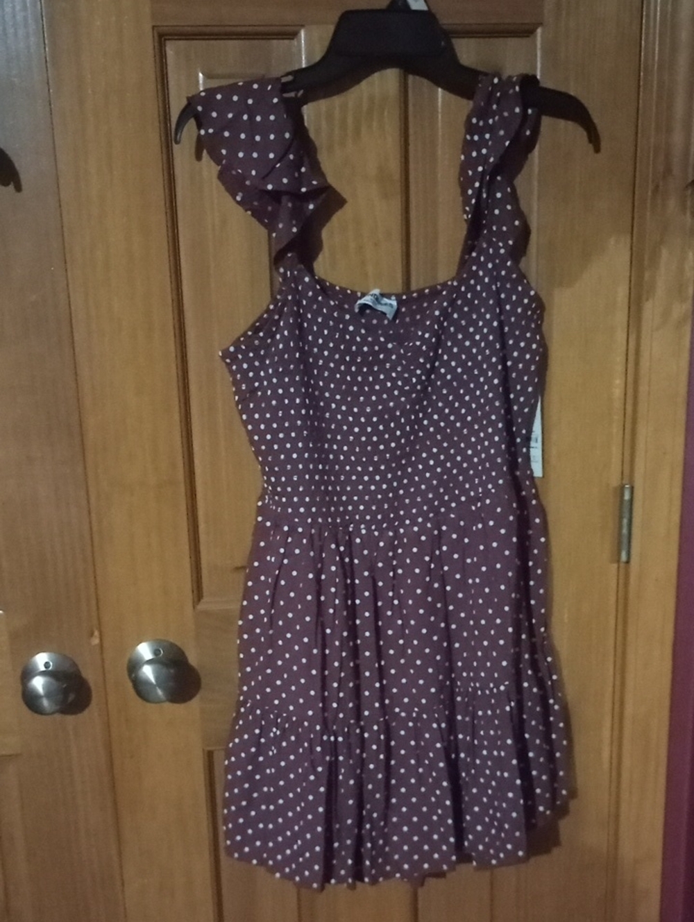Brown Polka Dot Ruffled Strap Dress - Brown with White Dots